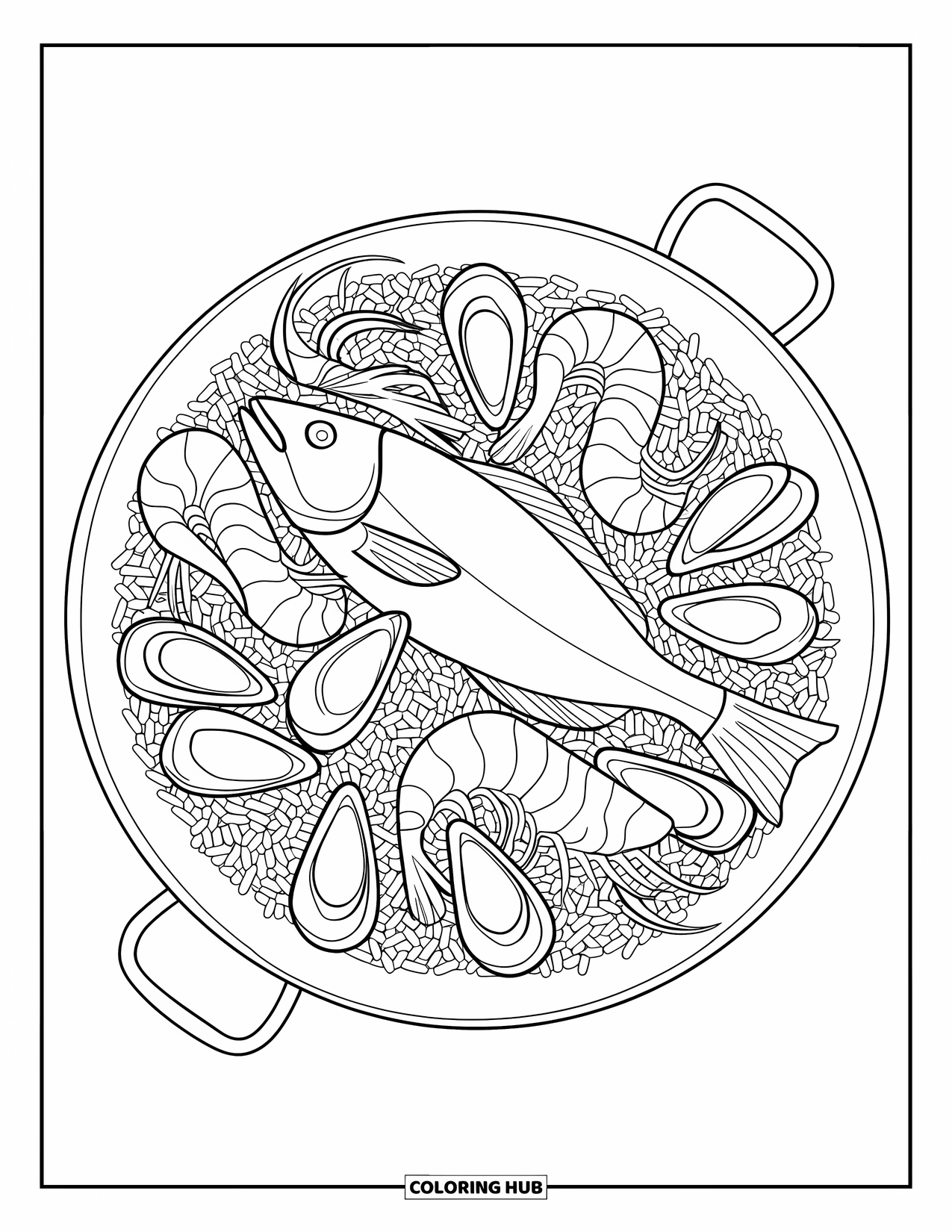 Spain Coloring Page for Kids: Big paella pan with shrimp and mussels rests on a clean white plate