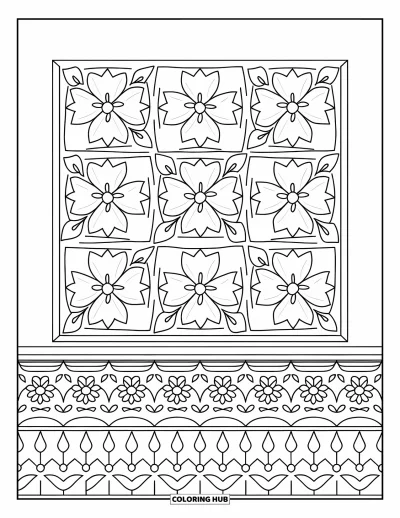 Coloriage d'Espagne pour enfants : Grand motif de carreaux espagnols avec des formes florales répétées dans une composition ludique et épurée