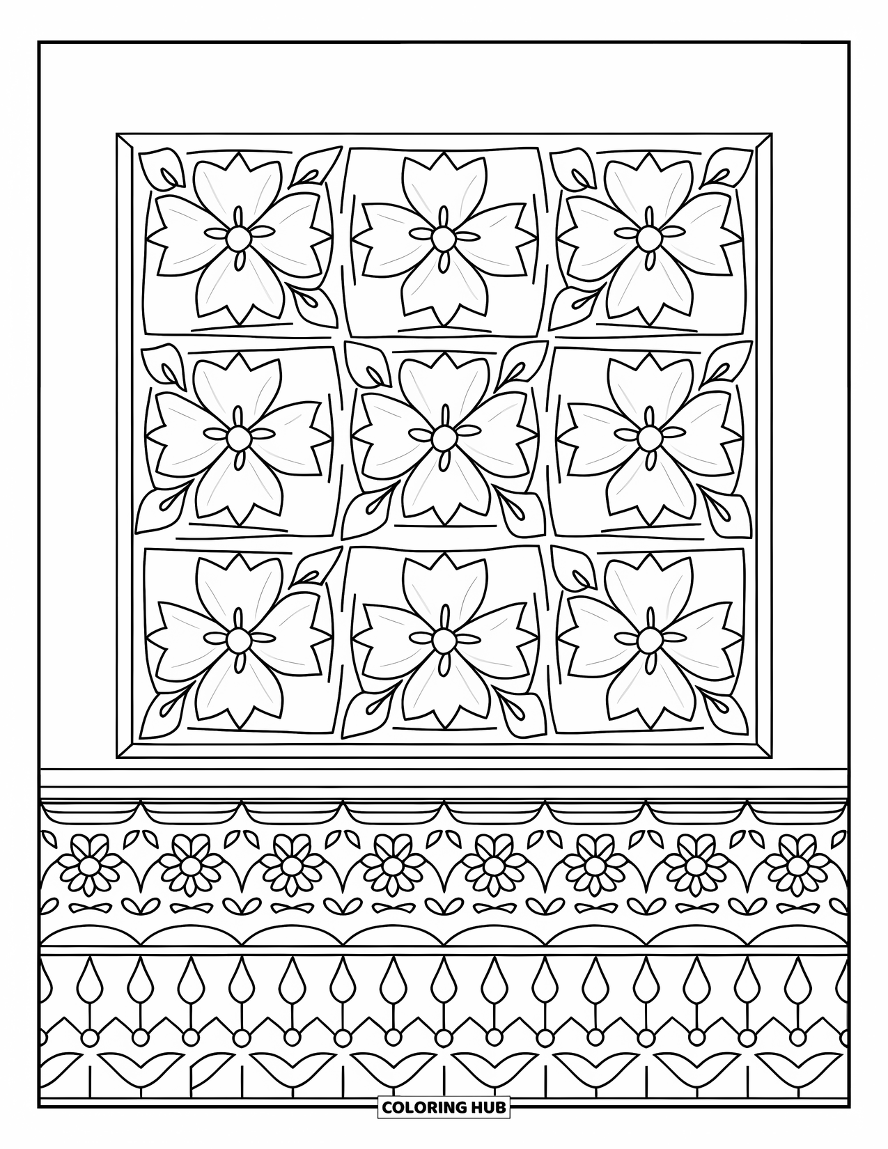 Spain Coloring Page for Kids: Big Spanish tile pattern with repeating floral shapes in a fun, clean layout