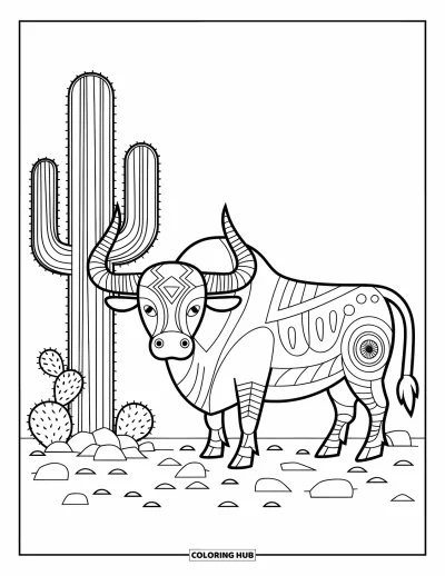 Coloriage d'Espagne pour enfants : Taureau aux cornes courbées près d'un cactus et de rochers épars