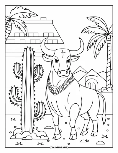 Coloriage d'Espagne pour enfants : Taureau décoré avec un collier près d'un cactus et d'un bâtiment aux toits rouges