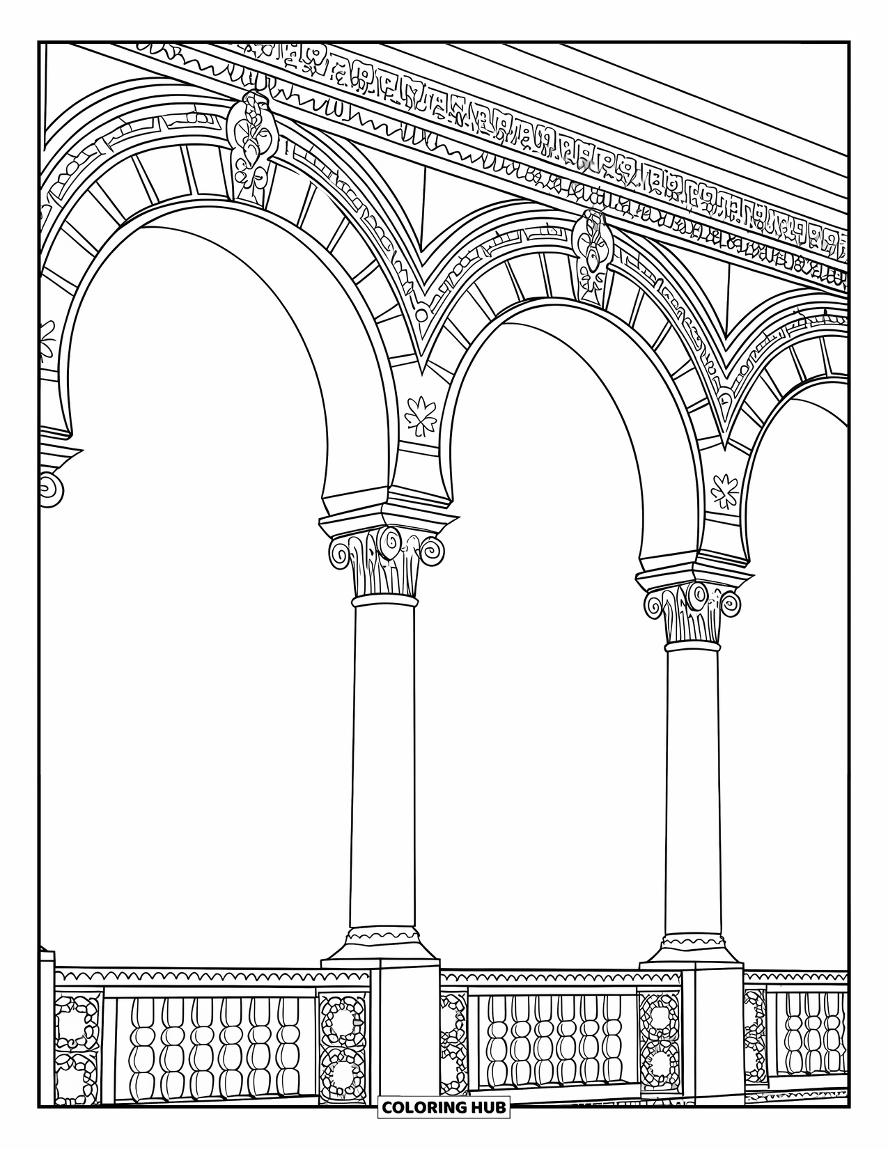 Spain Coloring Page for Kids: Detailed arches and slender columns decorate the Plaza de España with tiled rails