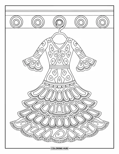 Coloriage d'Espagne pour enfants : Robe de flamenco à volants superposés suspendue à un cintre arrondi