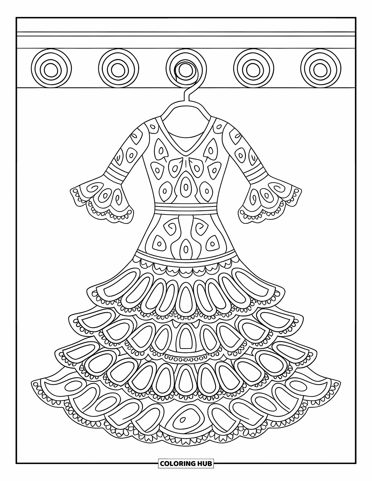 Spain Coloring Page for Kids: Flamenco dress with ruffled layers hangs on a curved hanger