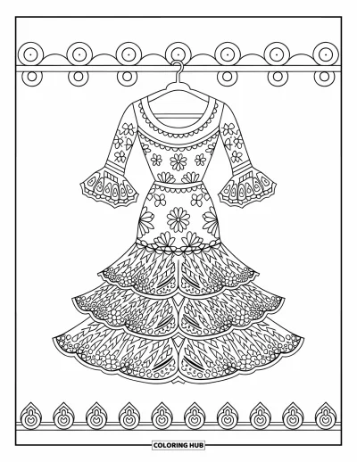 Coloriage d'Espagne pour enfants : Robe de flamenco aux ourlets tourbillonnants suspendue près d'un mur blanc