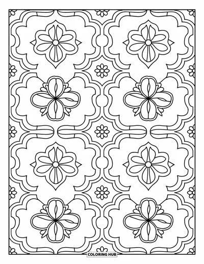 Coloriage d'Espagne pour enfants : Motif de carreaux espagnols fleuris aux formes prononcées sur fond blanc lumineux