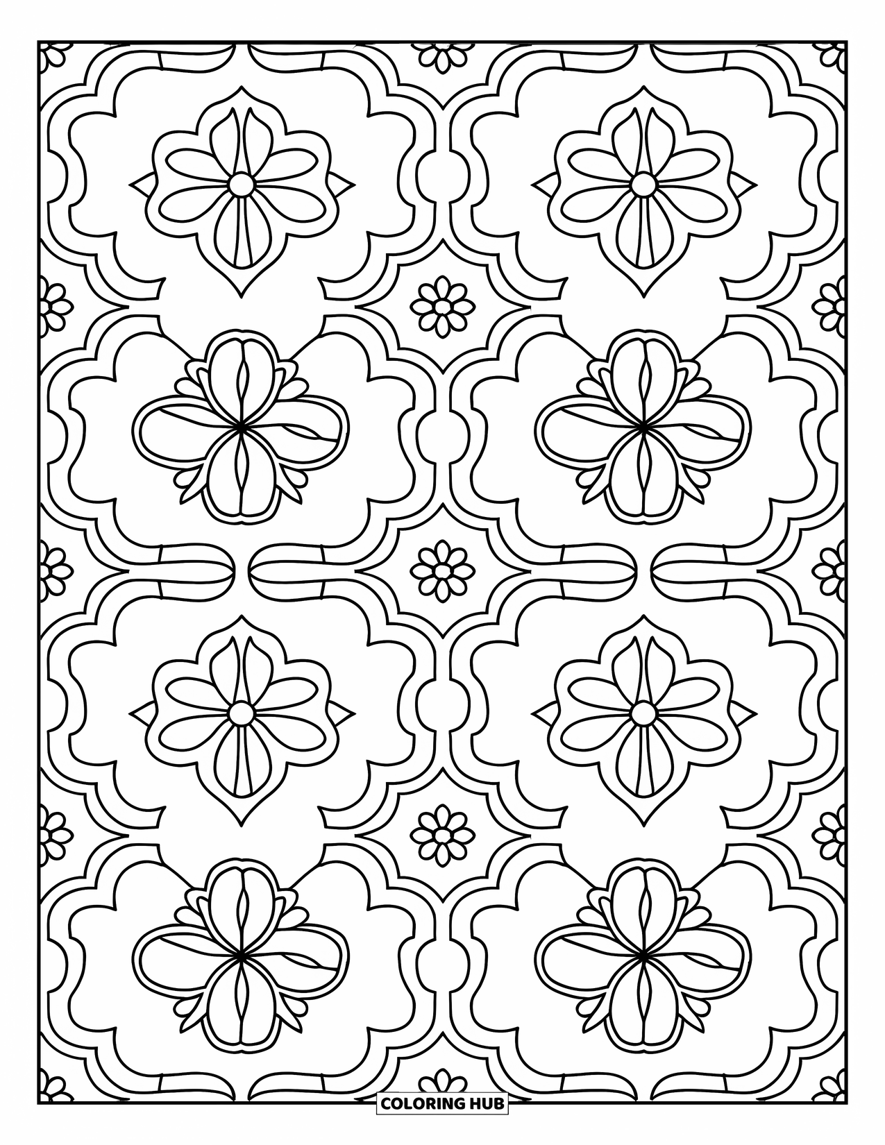 Spain Coloring Page for Kids: Floral Spanish tile pattern with bold shapes and a crisp white background