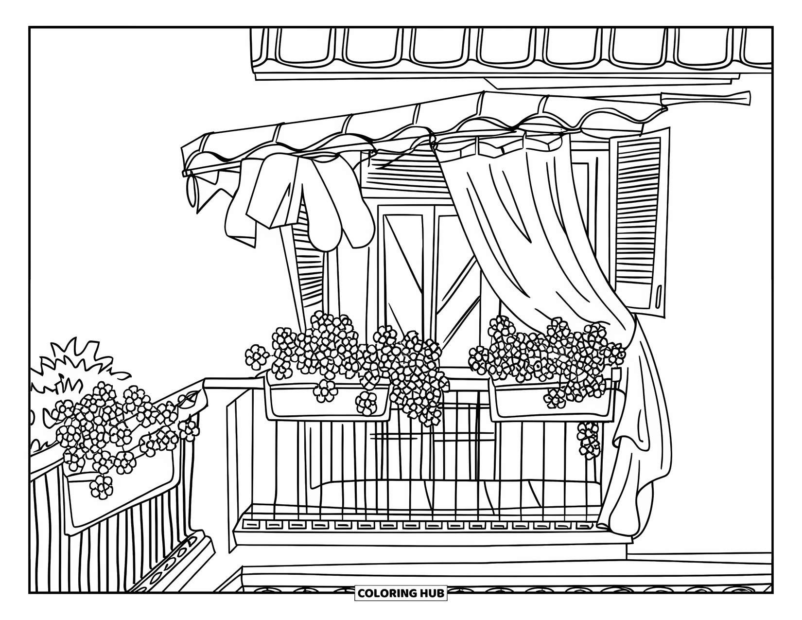 Spain Coloring Page for Kids: Flowerpots and clothes hang on a cozy Spanish-style balcony with a breezy curtain