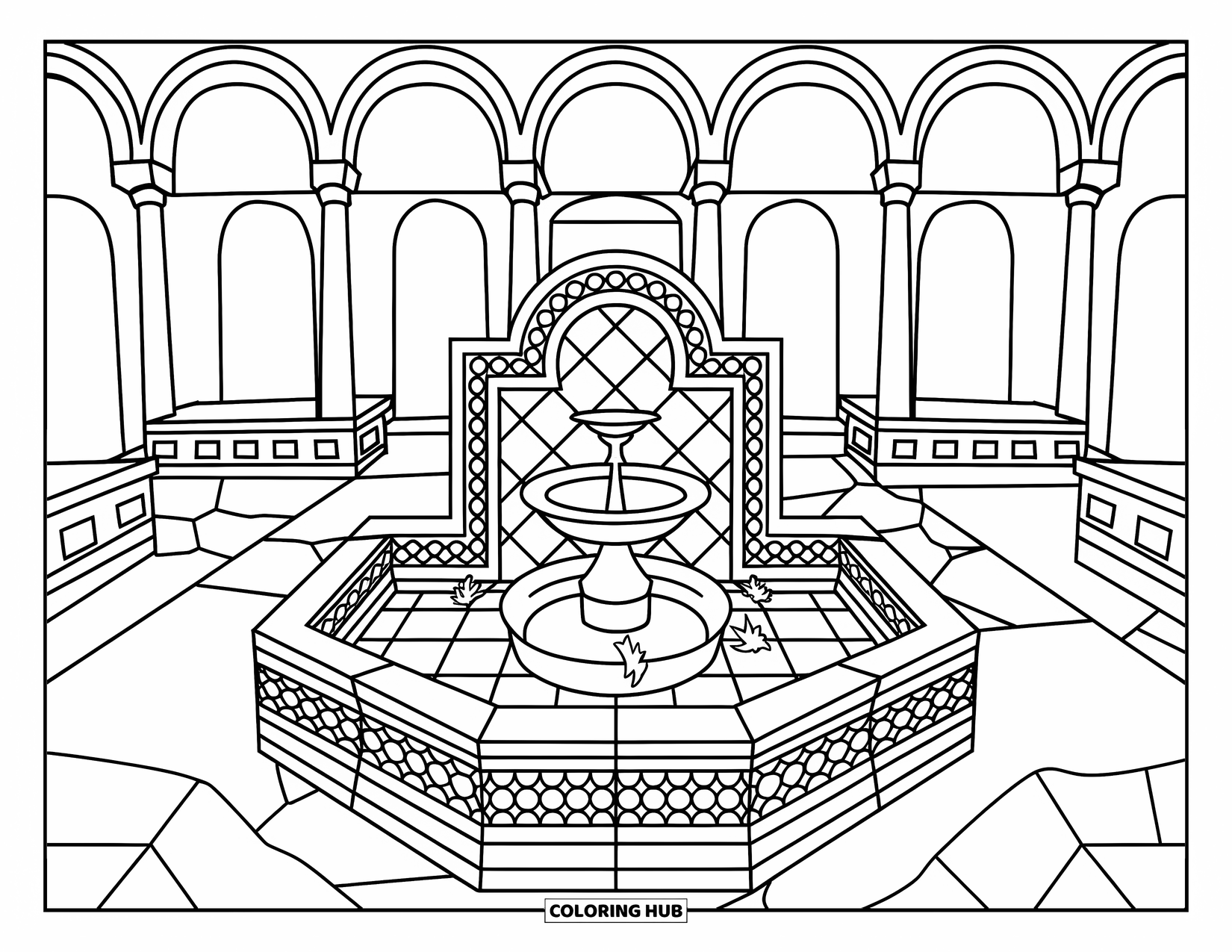 Spain Coloring Page for Kids: Fountain with jets and mosaic tiles sits in a courtyard surrounded by benches