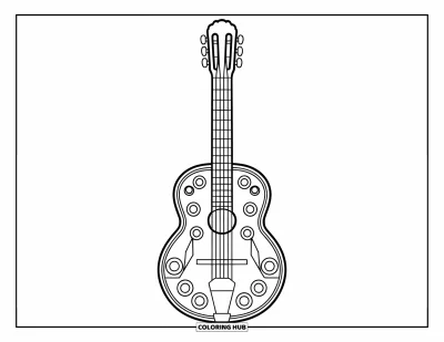 Coloriage d'Espagne pour enfants : Guitare aux grandes frettes et aux contours marqués avec un air joyeux et espagnol