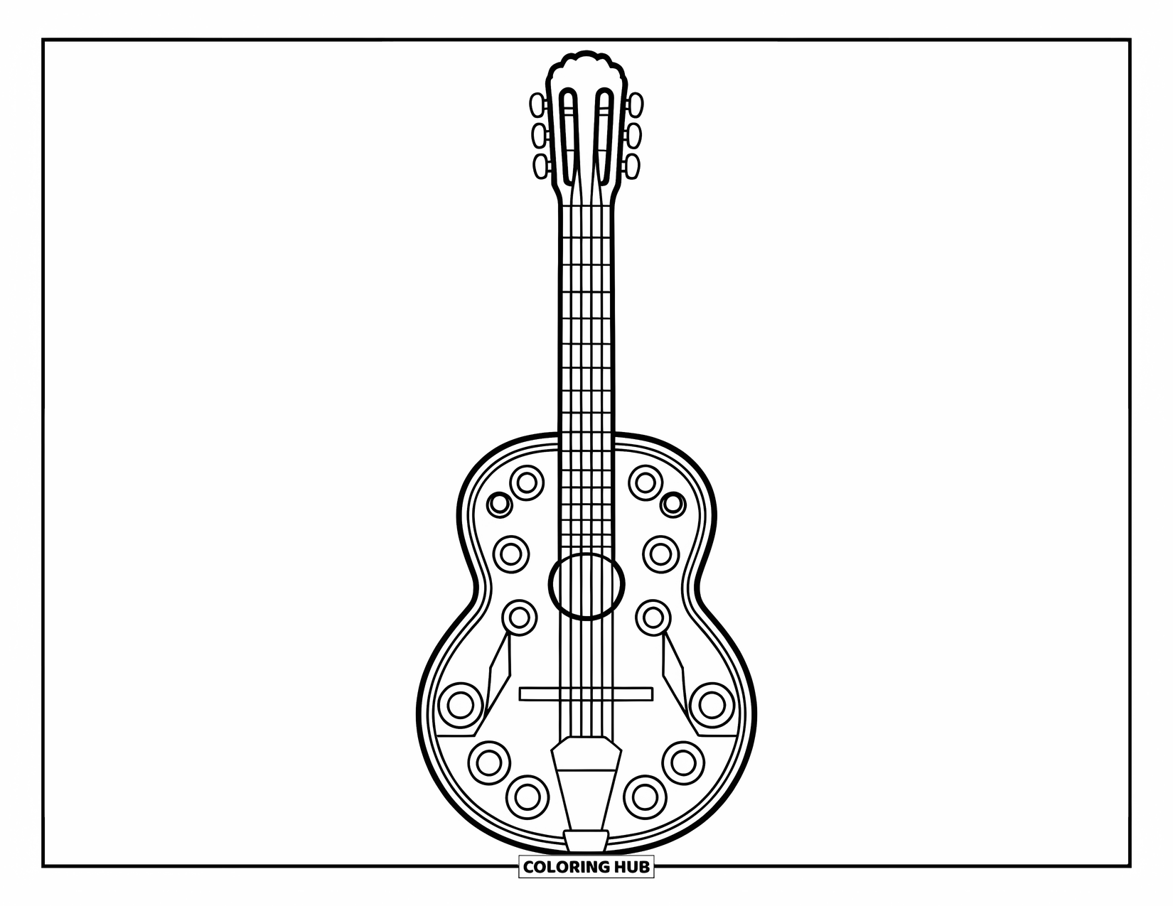 Spain Coloring Page for Kids: Guitar with big frets and bold outline has a cheerful Spanish look