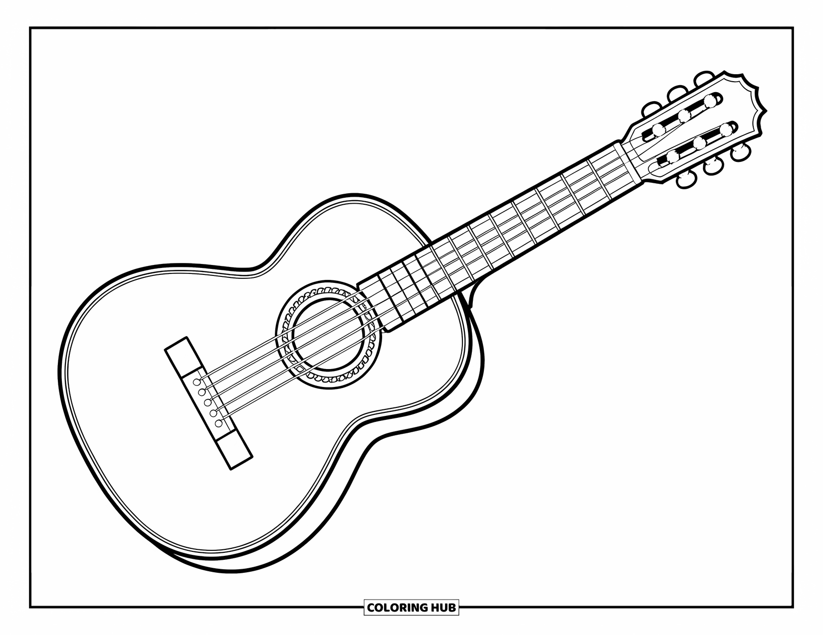 Spain Coloring Page for Kids: Guitar with large frets and pegs has a playful, Spain-inspired design