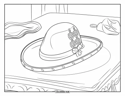 Coloriage d'Espagne pour enfants : Chapeau de matador avec emblème doré posé près d'un tissu et de pièces sur une table simple
