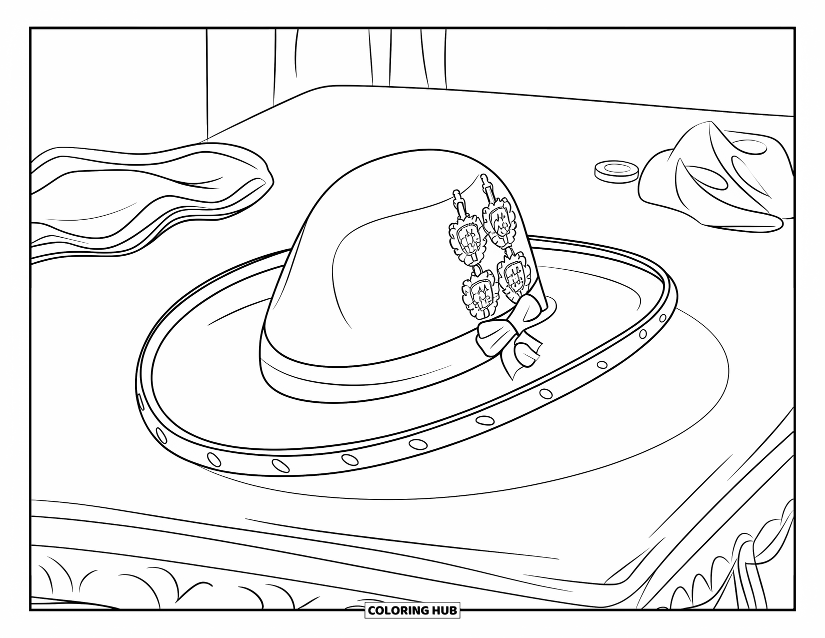 Spain Coloring Page for Kids: Matador hat with gold emblem rests beside cloth and coins on a plain table