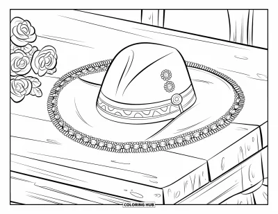 Coloriage d'Espagne pour enfants : Chapeau de matador orné de roses posé sur une table en bois usée