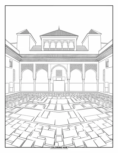 Coloriage d'Espagne pour enfants : Arches ornées et carrelages encadrent la cour de l'Alhambra historique