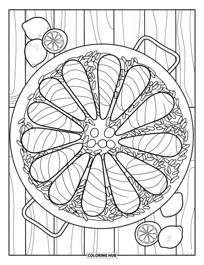 Coloriage d'Espagne pour enfants : Poêle à paella remplie de fruits de mer et de riz sur une surface en bois avec des citrons