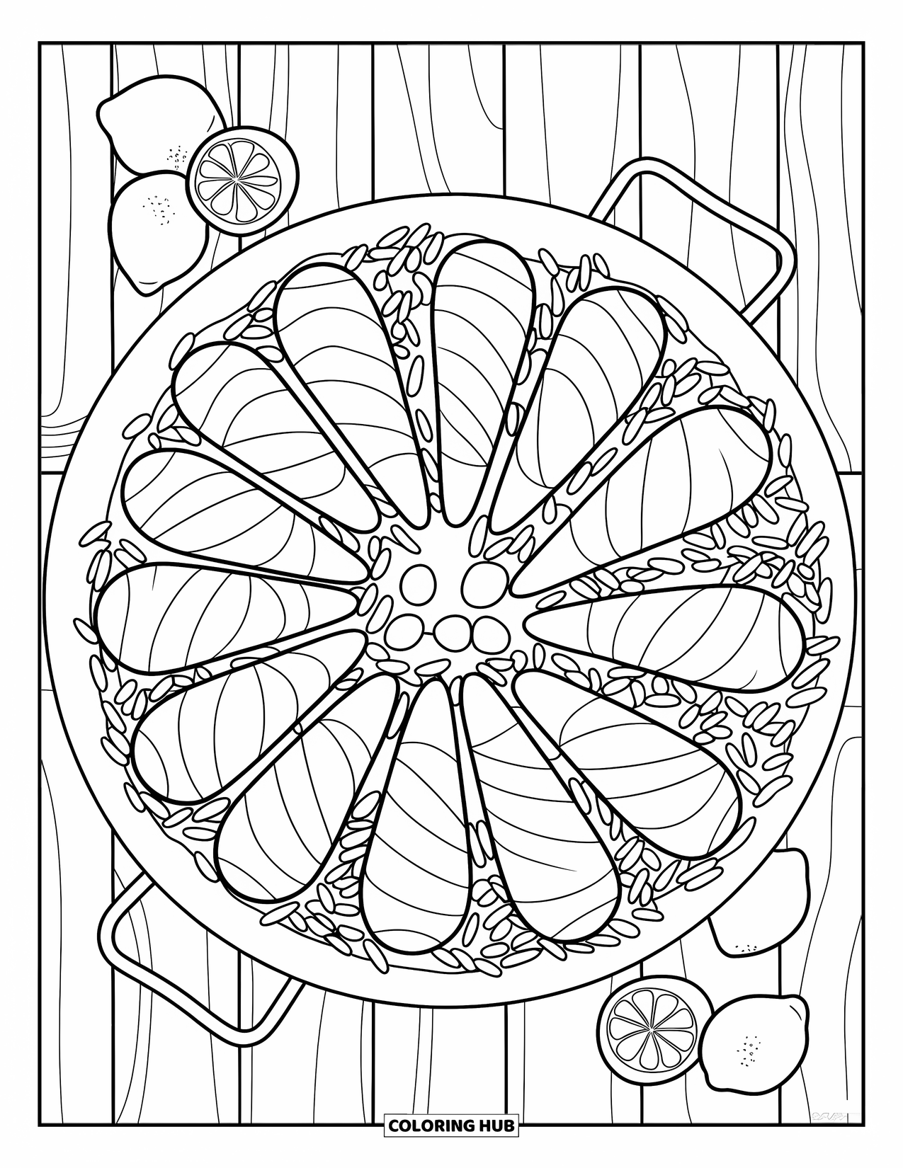 Spain Coloring Page for Kids: Paella pan filled with seafood and rice sits on a wooden surface with lemons
