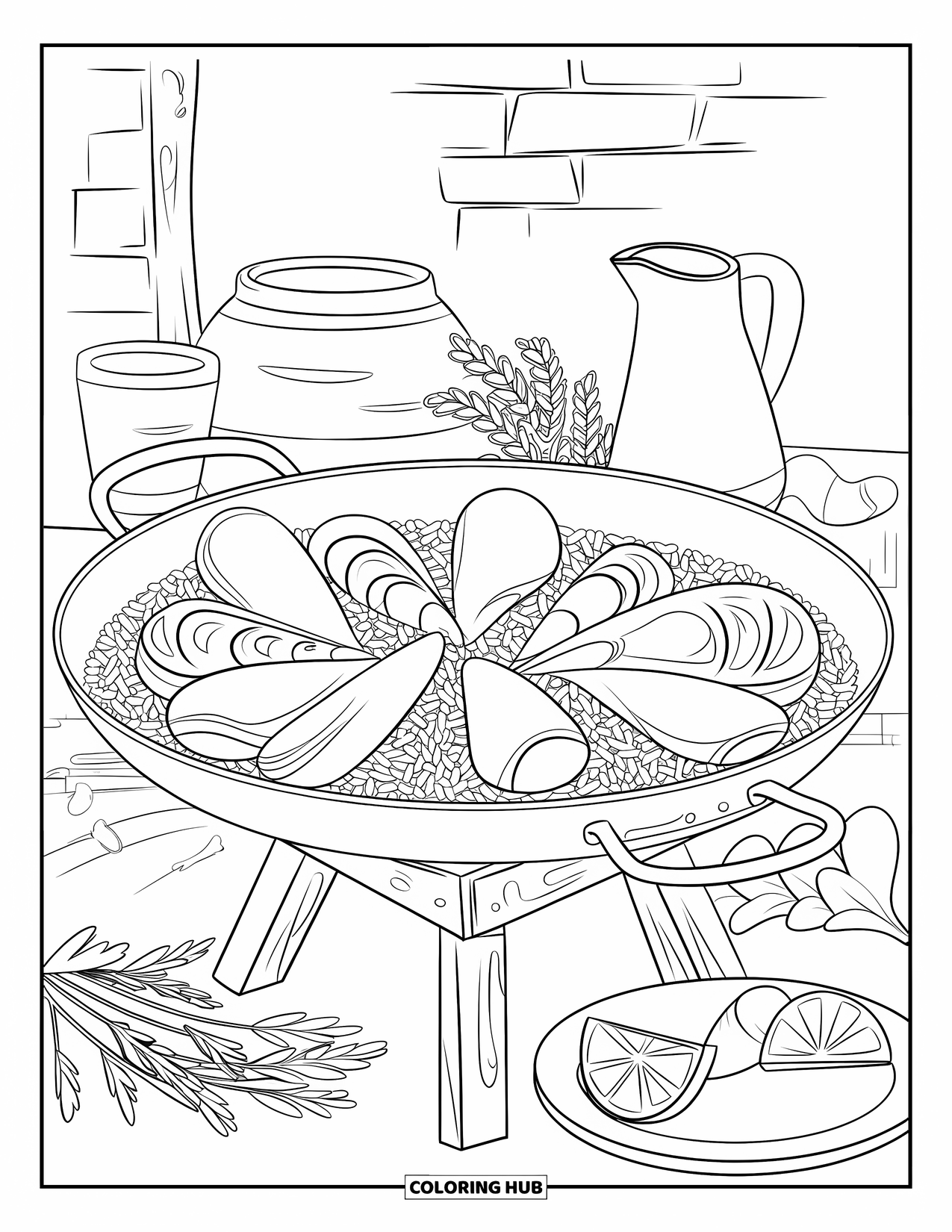 Spain Coloring Page for Kids: Paella pan with seafood and herbs sits on a tripod in a rustic Spanish setting