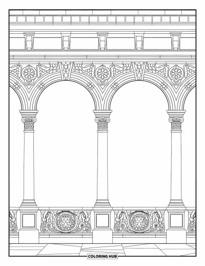 Coloriage d'Espagne pour enfants : Arches de la Plaza de España avec de hautes colonnes et des balustrades carrelées détaillées