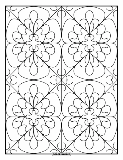 Coloriage d'Espagne pour enfants : Motif de carreaux fleuris répétés d'inspiration espagnole au style affirmé et épuré