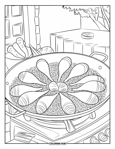 Coloriage d'Espagne pour enfants : Une paella aux fruits de mer mijote sur un réchaud avec des légumes et un citron