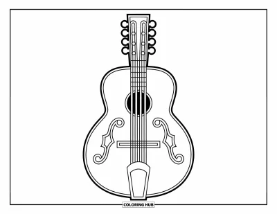 Coloriage d'Espagne pour enfants : Guitare simple avec de grandes frettes et des chevilles sur fond blanc épuré