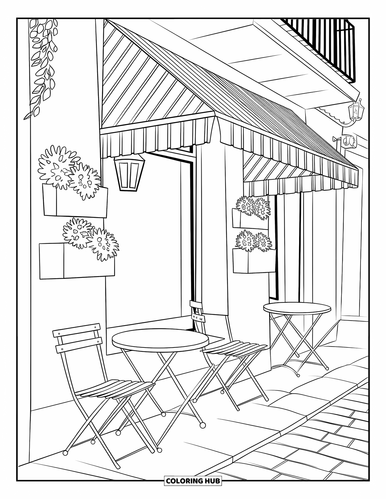Spain Coloring Page for Kids: Small tables and chairs sit outside a cozy café with cobblestones and hanging plants