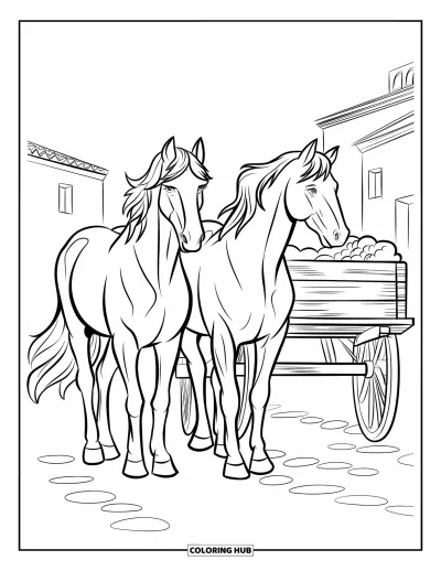 Coloriage d'Espagne pour enfants : Chevaux espagnols aux crinières ondulantes près d'une charrette en bois dans une rue pittoresque