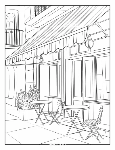 Coloriage d'Espagne pour enfants : Café de rue avec un auvent rayé et des tables, des jardinières et des fenêtres en arrière-plan