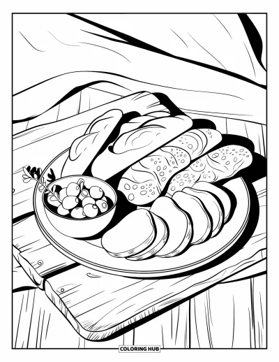 Coloriage d'Espagne pour enfants : Assiette de tapas avec des olives et du pain sur une nappe blanche avec un petit bol