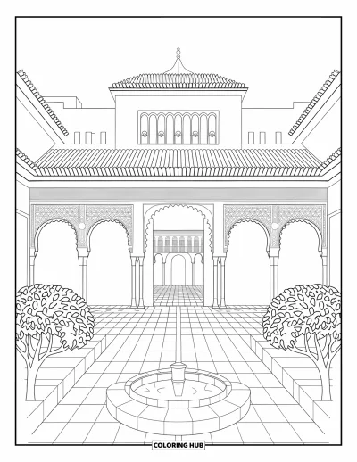 Coloriage d'Espagne pour enfants : L'Alhambra dévoile ses élégantes arches, ses carrelages et ses arbres dans une cour paisible