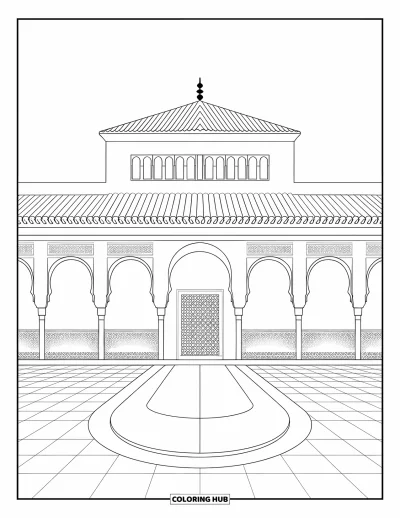 Coloriage d'Espagne pour enfants : La façade de l'Alhambra présente de belles arches et une cour carrelée