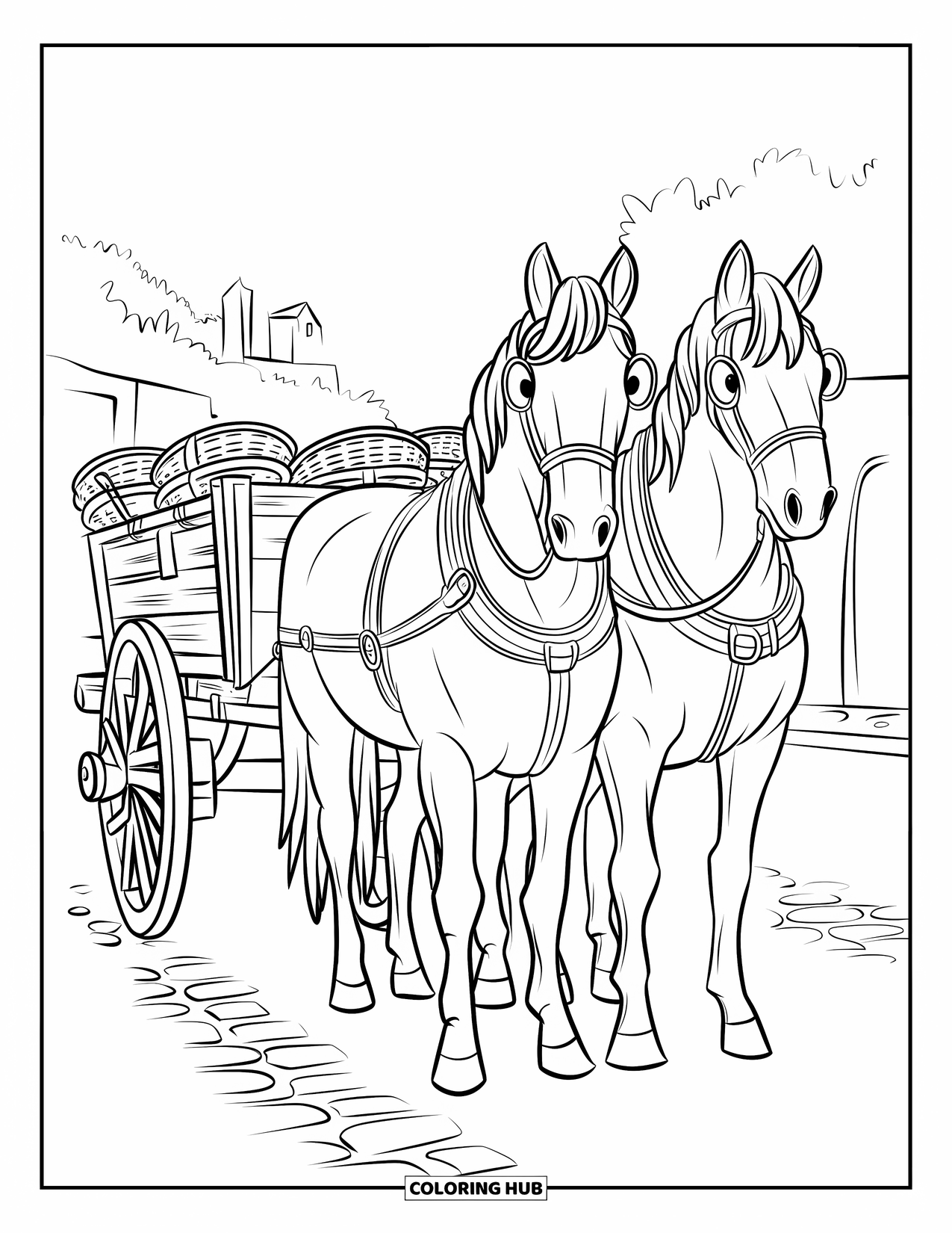 Spain Coloring Page for Kids: Two Spanish horses stand beside a wooden cart on a cobblestone street