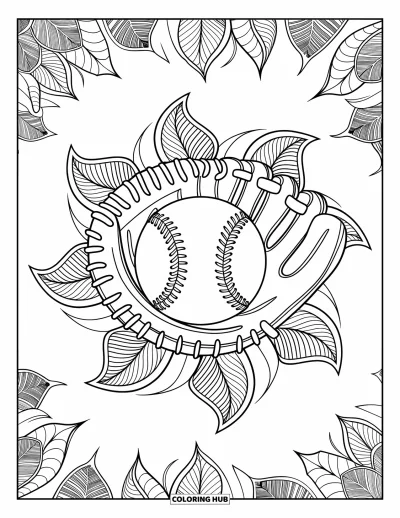 Coloriage de sport pour adultes : Un baseball et un gant encadrés par des mandalas aux feuilles élaborées
