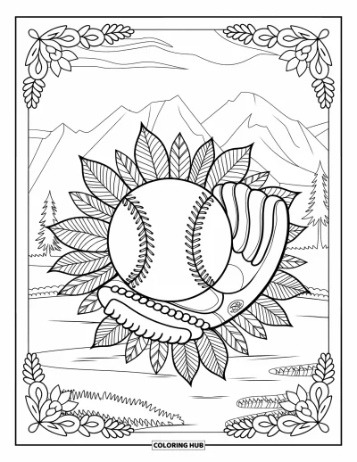 Coloriage de sport pour adultes : Un baseball et un gant entourés de mandalas avec une bordure paysagère