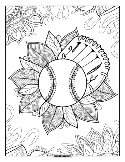 Coloriage de sport pour adultes : Un baseball et un gant enveloppés dans des mandalas aux motifs de feuilles