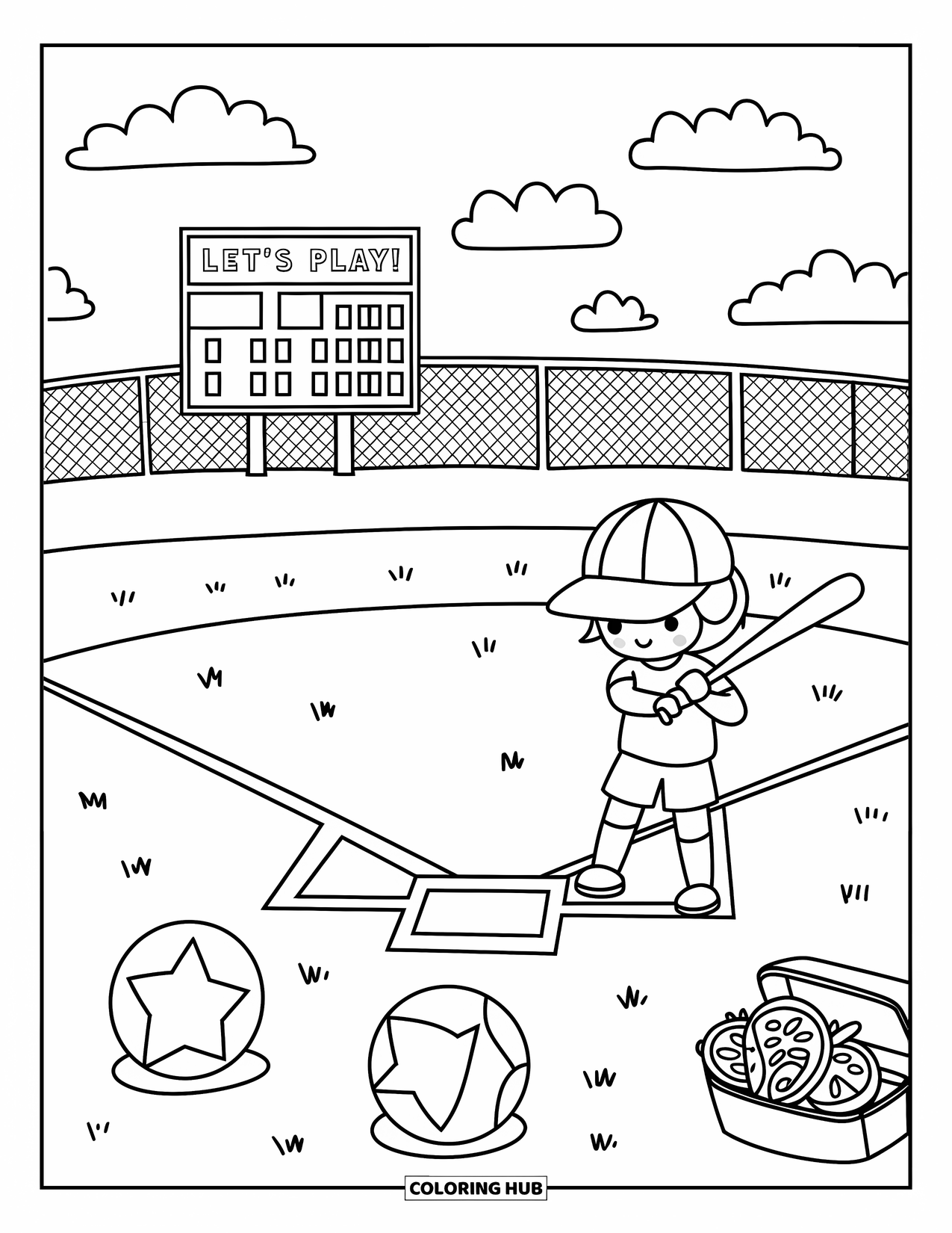 Sport Coloring Page for Adults: Baseball batter prepares to swing near oversized glove