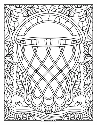 Coloriage de sport pour adultes : Un panier de basket et un ballon dans un vitrail botanique