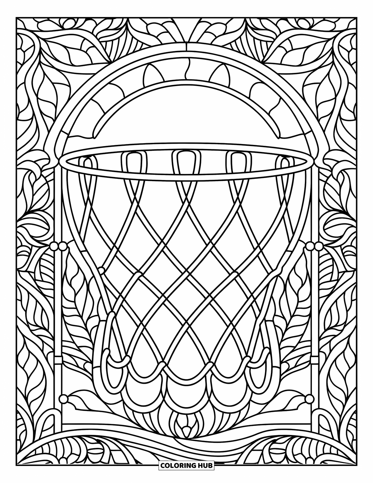 Sport Coloring Page for Adults: Basketball hoop and ball in botanical stained glass
