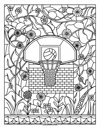Coloriage de sport pour adultes : Un panier de basket sur mur de briques avec des plantes en vitrail