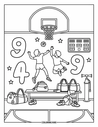 Coloriage de sport pour adultes : Un match de basket avec des joueurs en l'air sous un panier bas