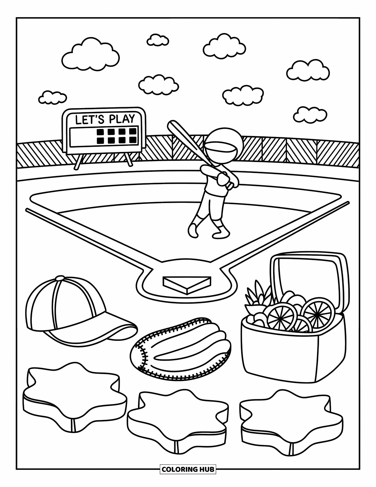 Sport Coloring Page for Adults: Batter at home plate with playful star-shaped bases