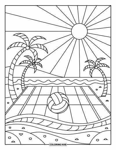 Coloriage de sport pour adultes : Un court de plage avec un ballon de volleyball et un soleil en vitrail