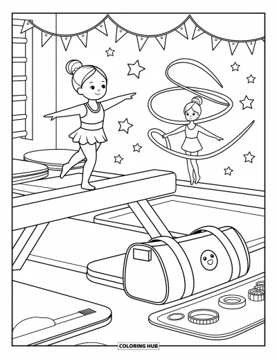 Coloriage de sport pour adultes : Une gymnaste sur la poutre avec des rubans qui ondoient dans une salle chaleureuse