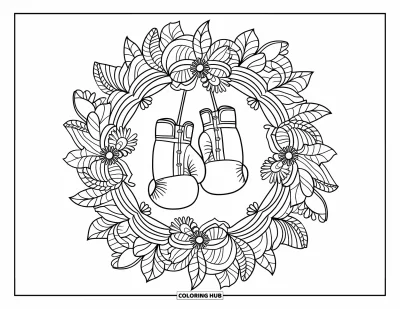 Coloriage de sport pour adultes : Un cadre mandala botanique avec des gants de boxe au centre