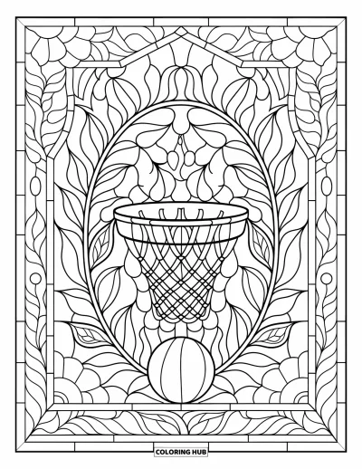 Coloriage de sport pour adultes : Un vitrail botanique avec un panier de basket et un ballon au centre