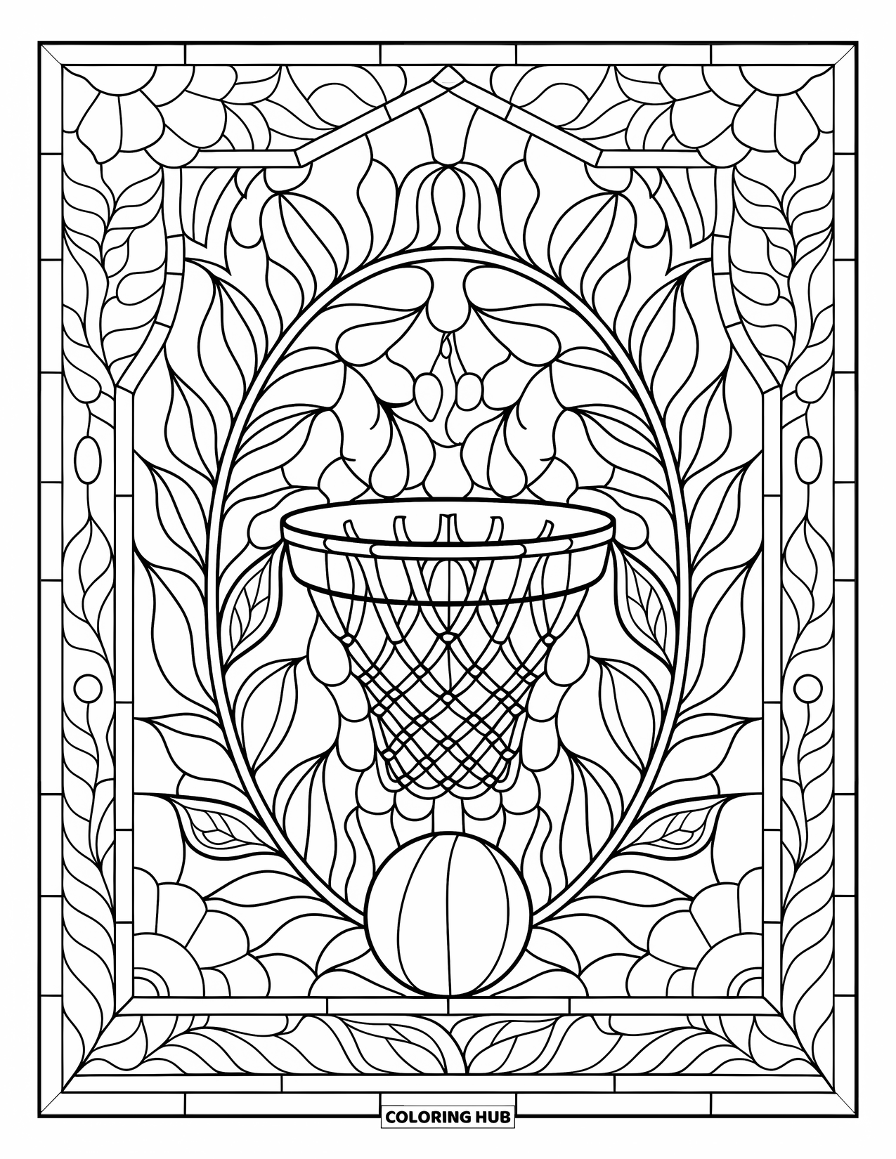 Sport Coloring Page for Adults: Botanical stained glass with hoop and ball in center