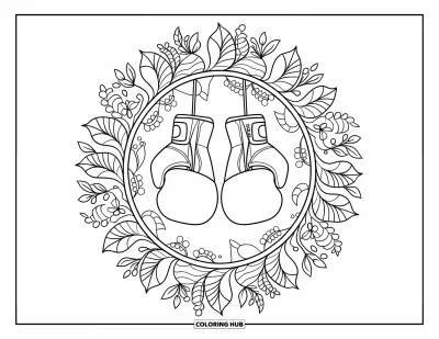 Coloriage de sport pour adultes : Des gants de boxe en position de combat dans un cadre mandala floral