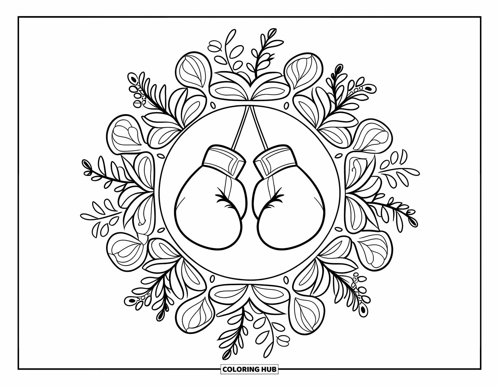 Sport Coloring Page for Adults: Boxing gloves inside a detailed botanical mandala frame